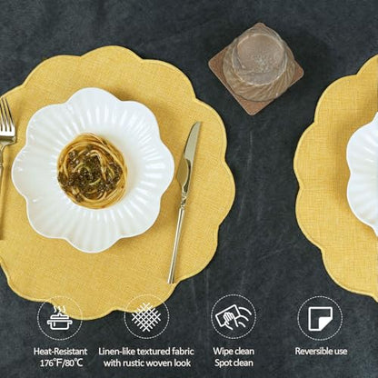 AHHFSMEI Round Scalloped Placemats Set of 6 15 Inch Faux Linen - color: Yellow