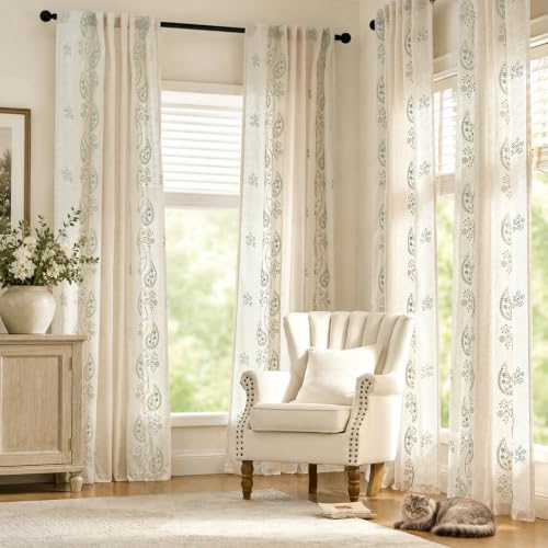 jinchan Linen Curtains 84 Inch Sage Floral Drapes Back Tab 2 Panels Set - color: Sage on Beige, size: 50"W x 84"L (Pack of 2)