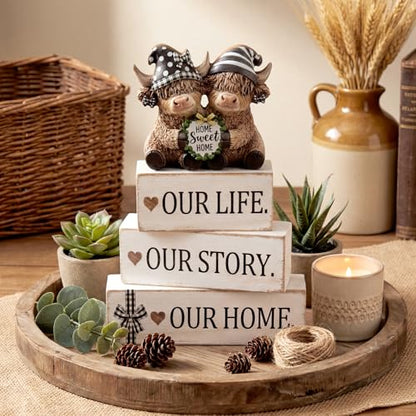 Yousoontic 4 Pcs Sweet Home Highland Cow Figurines, Rustic Farmhouse Decor - style: Home
