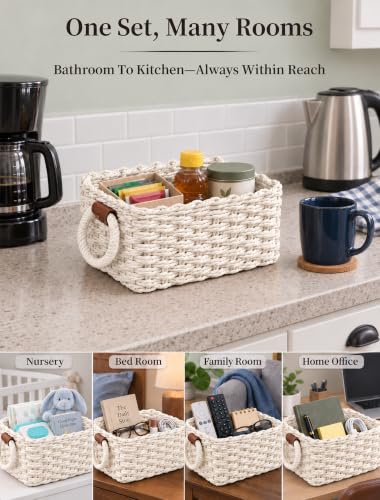 Small Wicker Baskets, 3 PCS Paper Rope Baskets for Shelves, White - color: White