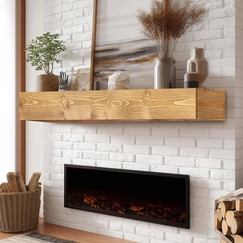 56x8x5in Pine Wood Fireplace Mantel Shelf, Natural Wood - color: Natural Wood, size: 56x5x8-hollow