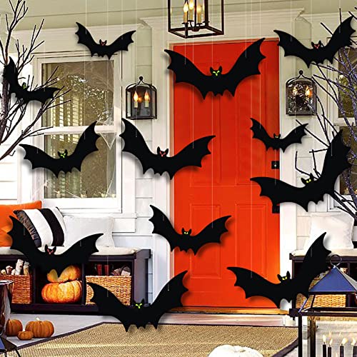 Hanging Bats Halloween Decorations 12pcs 3D Realistic Halloween Hanging Flying Bat with Glowing Eyes for Outdoor (3 Styles) - color: Hanging bats without light