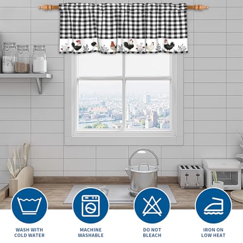 Buffalo Check Plaid Valances for Windows Farmhouse Rooster Kitchen Curtains Rustic White and Black Design Window Treatment Rod Pocket Valances for Kitchen Living Room 54 x 18 Inch, 1 Panel - color: Black and White