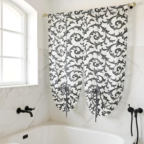 NAPEARL Tie Up Curtains, Jacquard Balloon Curtains for Kitchen Window, Ajustable Rod Pocket Sheer Curtain Valances for Bathroom Small Window, 2 Panels (23W x 47L, Black) - color: Black, size: 23"W x 47"L (Pack of 2)