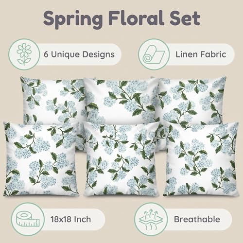 COMMINY Blue Dhalia Linen Pillow Covers 18x18 Set 6 Farmhouse Throw Cover - color: Green Flower, size: 18" x 18" (Pack of 6)