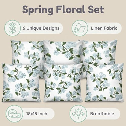 COMMINY Blue Dhalia Linen Pillow Covers 18x18 Set 6 Farmhouse Throw Cover - color: Green Flower, size: 18" x 18" (Pack of 6)