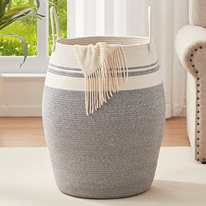 OIAHOMY 105L Laundry Hamper Cotton Rope Large Clothes Hamper White & Grey - color: White & light grey