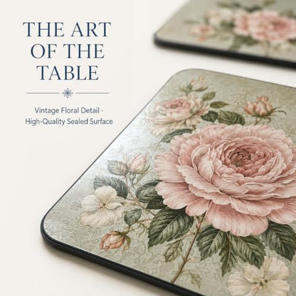 Pimpernel Antique Roses Cork-Backed Placemats - Beige, Set of 4 - size: 15.7" x 11.7" Rectangular, style: Antique Roses