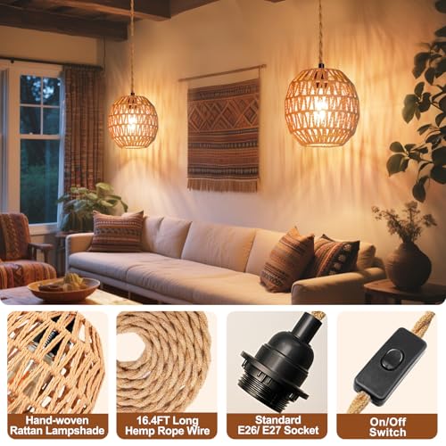 Maliralt Hanging Lamps Rattan Pendant Light Hanging Lights 16.4ft Plug in Cord Pendant Light Fixture Plug Into Wall Outlet Pendant Lighting with On Off Switch for Bedroom Living (Egg Shade) - size: 7.3Inch-Egg Shade