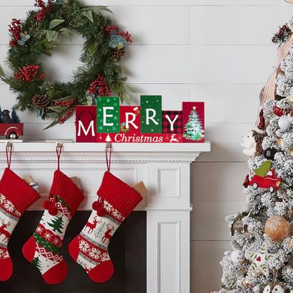 Christmas Table Decorations Wooden Winter Table Centerpieces Merry Christmas Reversible Double-sided Pattern Sign Standing Tabletop Merry for Holiday Office Desk Party Shelf Farmhouse