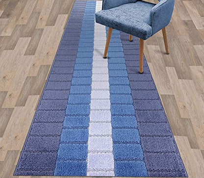 REMNAZ Wide Non-Slip Rubber Backed Hallway, Kitchen Runner Rug | 31 Inch x 7 ft Custom Size Cut to Length | No Rug Pad Needed | Stay Put, Flat Lay, Won't Curl | Coastal Multi-Blue - color: Squares / Blue, size: 31 inch Width X 7 Feet Length