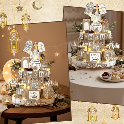 Shellwei 20 Pcs Eid Mubarak Tiered Tray Decor Ramadan Mubarak Table Decor Rustic Wooden Tabletop Signs for Home Black and Gold Muslim Islam Centerpiece for Islamic Gifts Kareem Home Table - style: Ramadan