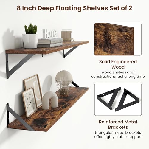 Axeman 36 Inch Floating Shelves, 8 Inch Deep Brown Wall Shelves Set of 2 - color: Rustic Brown, size: 36 Inch
