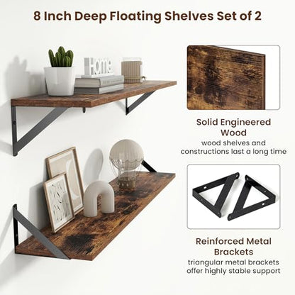Axeman 36 Inch Floating Shelves, 8 Inch Deep Brown Wall Shelves Set of 2 - color: Rustic Brown, size: 36 Inch
