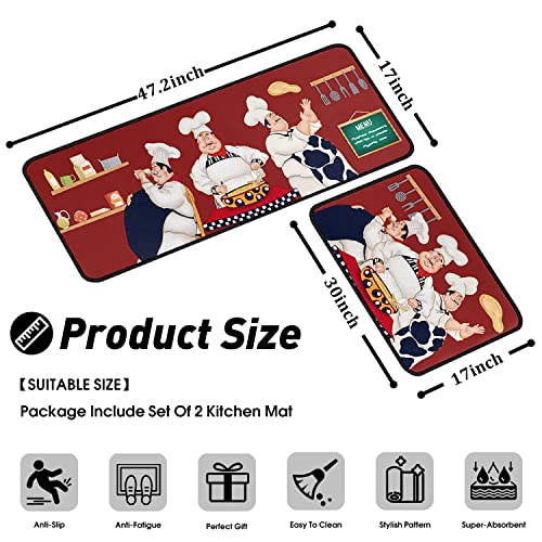 Cartoon Chef Kitchen Rugs Set of 2, Red Background Cute Fat Chef Floor Mats, Absorbent Non Slip Farmhouse Kitchen Runner Rug for Sink Laundry Room Cafe Decor, 17"x30"+17"x47" - color: Chef