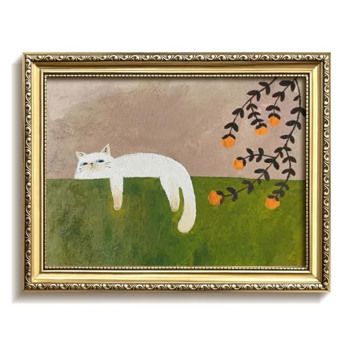 Gold Framed Cat Wall Art, Boho Modern Cozy Wall Decor, Century Cute Cat Napping Under Fruit Tree Canvas Prints, Neutral and Green Picture Poster Painting for Living Room Bedroom 12x16in - color: Cat, size: 16"L x 12"W