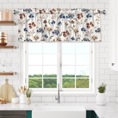 Blue and Brown Floral Kitchen Valance - Farmhouse Style Sheer Valance, 1 Panel, 54 x 18 Inch - color: Blue and Brown