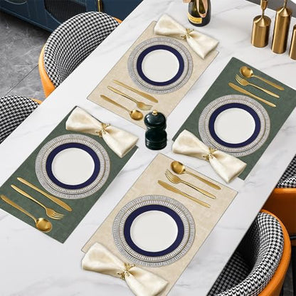 SUEH DESIGN Leather Placemats Table Mats Set of 6, Dark Green and Beige - color: A: Dark Green & Beige