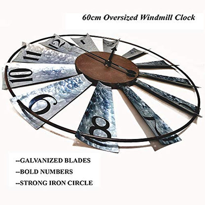Evursua 24 Inch Modern Farmhouse Clock Large Metal Windmill Clock for Walls Indoor Outdoor Home,Galvanized Metal Decor Wall Clock Distressed