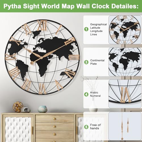 Pytha Sight 30 Inch Large Extra Giant Oversized Metal World Map Wall Clock - color: Gold Roman, size: 30 inch