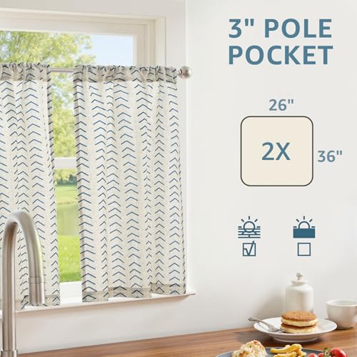 jinchan Blue Boho Linen Kitchen Tier Curtains 36 Inches Rod Pocket 2 Panels - color: Arrow | Blue on Linen, size: 26"W x 36"L (Pack of 2)