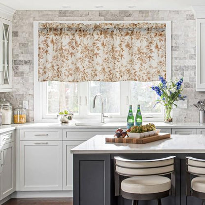 NICETOWN Faux Linen Valance for Windows Kitchen Living Room, Autumn Yellow Brown Peony Printed Rod Pocket Farmhouse Country Rustic Bathroom Small Window Treatment (52x18 inch, 1 Panel) - color: Yellow Brown, size: 52"W x 18"L (Pack of 1)