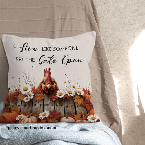 Fall Chicken Daisy Floral Pumpkin Leaves Throw Pillow Covers 18x18 - color: Chicken-02