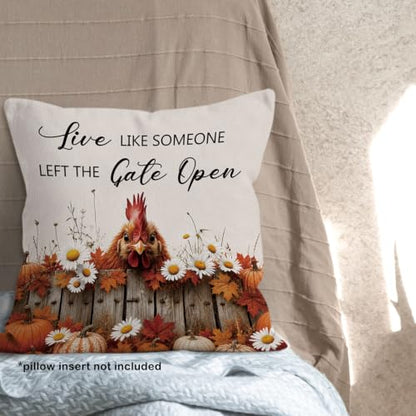 Fall Chicken Daisy Floral Pumpkin Leaves Throw Pillow Covers 18x18 - color: Chicken-02