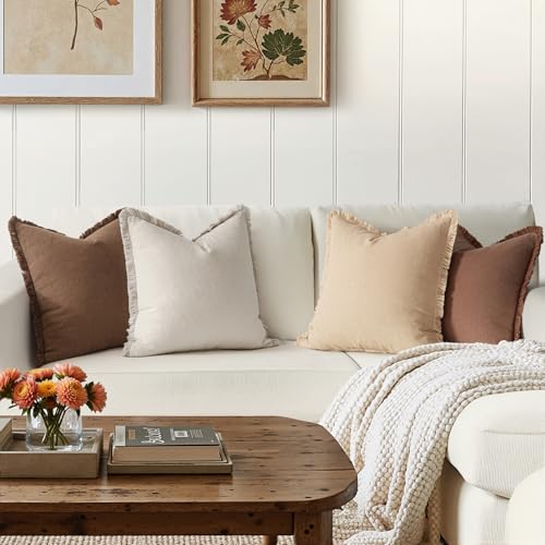 MIULEE Fall Linen Fringe Pillow Covers Set of 4 20x20 Beige/Brown - color: Brown, size: 20" x 20" (Pack of 4)