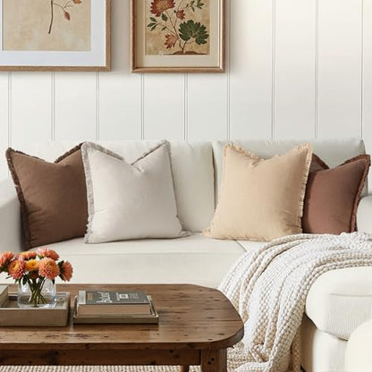 MIULEE Fall Linen Fringe Pillow Covers Set of 4 20x20 Beige/Brown - color: Brown, size: 20" x 20" (Pack of 4)