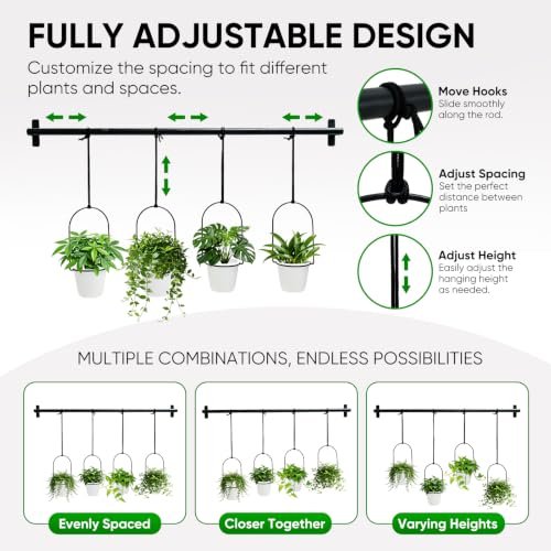 Window Plant Hanger with 4 Pots, 40 Inch Adjustable Hanging Planters for Indoor Plants, Metal Wall/Ceiling Plant Rod for Herbs, Flowers, Kitchen, Apartment & Balcony, Black - size: 40inch-4 flower pots
