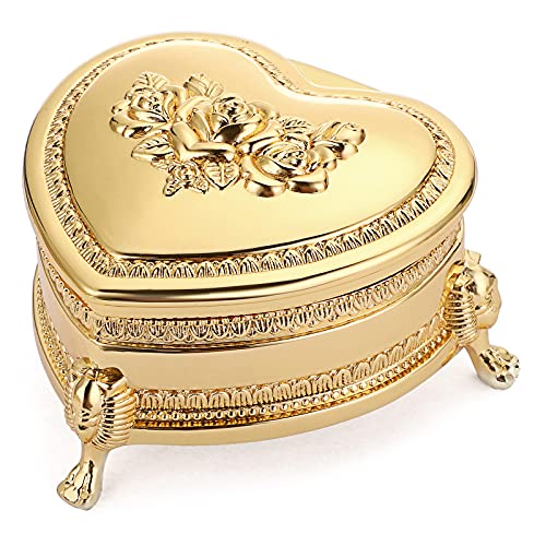 Hipiwe Vintage Metal Jewelry Box with Antique Rose Carved Small Heart Shape - color: Gold, size: Small