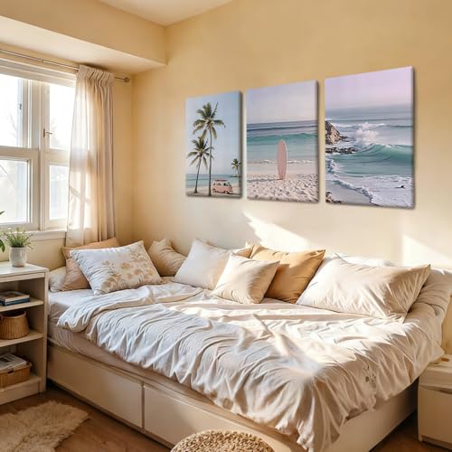 HCJWCXD 3 Pcs Coastal Beach Canvas Wall Art Boho Beach Scene 12x16 Inch - color: Pink car, size: 12x16 Inches