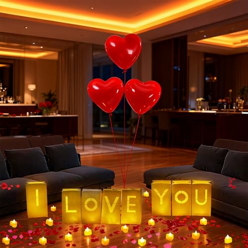 I Love You Decorations – Surprise Set with Light Up Letters, 30 Tea Light Candles, 2000 Rose Petals, 10 Balloons – Luminary Bags for Couples & Romantic Moments - style: I Love You
