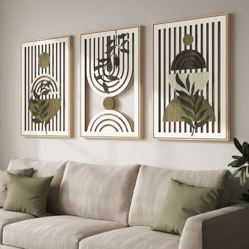 Framed Boho Cutout Carved Wood Wall Art Decor for Living Room, 24x36 Inch | Cutout carved wood, Olive green, Large, 3 piece, Mid century modern, Neutral, Bohemian, Leaf, Beige, Dining room wall decor - color: Olive Green