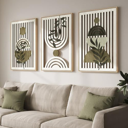 Large Framed Boho Cutout Carved Wood Wall Art for Living Room, 24x36 Inch - color: Olive Green