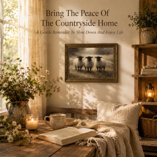 Vintage Gold Framed Wall Art - Rustic Blackface Sheep Landscape Canvas Painting, Neutral Farmhouse Lamb Poster, Muted Country Side Wall Decor for Bedroom, Living Room & Cottage, 12x161in - color: sheep, size: 16"L x 12"W