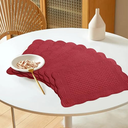 HOMBYS Quilted Placemats Set of 6 Washable-13x18 inches Rectangular Placemats for Kitchen Table-100% Cotton fabric cover and 100% polyester fiber filling Rectangular Table Mats-Cotton (18"x13", Red) - color: Red