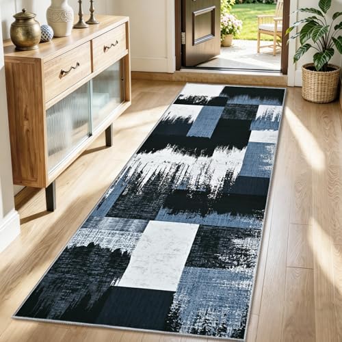Yinhua Geometric Runner Rug 2x7 Modern Hallway Runner Rugs Low Pile Washable Rugs Non Slip, Soft Faux Wool Area Rug for Bedroom, Kitchen, Laundry, Bathroom, Blue and Gray Carpet No Shedding - color: Blue and Gray, size: 2' x 7'