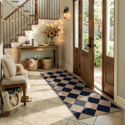 Lahome Checkered Easy Jute Outdoor Runner Rug, 2x6 Kitchen Rugs Washable - color: Nature and Black/Checkerboard -2, size: 2' x 6' (Runner)