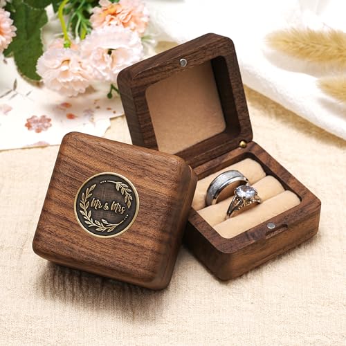 KWOOD Custom Wooden Wedding Ring Box for 2 Rings, Engraved Mr & Mrs Double Ring Holder for Wedding Ceremony Ring Bearer Box Anniversary Birthday Gift Ideas - style: T-Mr & Mrs 01