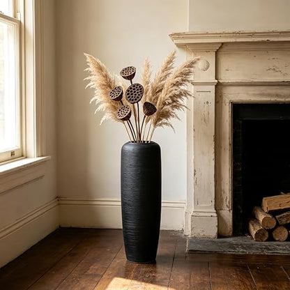 Black Rustic Ceramic Floor Vase, 24 Inch, Ribbed Texture - size: 23.6 Inch