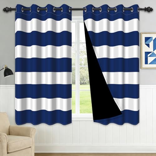 Navy Blue and White Striped Blackout Curtains, Horizontal Stripe Room Darkening Grommet Drapes, Thermal Insulated Patriotic Curtains for Boys Bedroom Living Room Holidays July 4th, 52"W x 63"L - color: 07 Navy Blue - White Striped, size: 52"W x 63"L (Pack