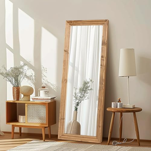 58x22in Full Length Mirror, 3-Tier Stepped Solid Wood Frame - color: Light Brown, size: 58"L x 22"W