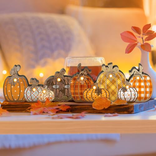 Yousoontic Fall Pumpkin Decor Table Centerpieces Halloween Wooden Pumpkin Sign Decorations with LED Lights 3D Block Autumn Harvest Farmhouse Fall Thanksgiving Decor for Home Mantel Desk Office Party - style: Pumpkin