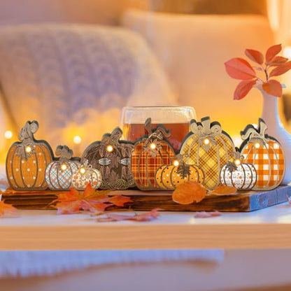 Yousoontic Fall Pumpkin Decor Table Centerpieces Halloween Wooden Pumpkin Sign Decorations with LED Lights 3D Block Autumn Harvest Farmhouse Fall Thanksgiving Decor for Home Mantel Desk Office Party - style: Pumpkin