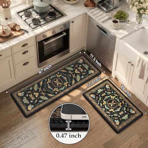 KIMODE Kitchen Mats for Floor 2 Piece Cushioned Anti Fatigue Kitchen Rugs - color: Midnight Black Botanical