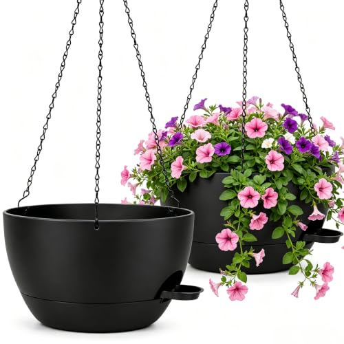 2 Pack 10 Inch Self Watering Hanging Planters for Indoor Plants, Large Black Plastic Hanging Pots with Chains for Outdoor Patio Garden Home Decor (Black) - color: Black, size: 2 pack 10 inches