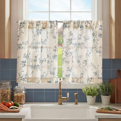 jinchan Floral Linen Kitchen Tier Curtains, 30 Inch, 2 Panels, Blue - color: Alisa Blue, size: 26"W x 30"L (Pack of 2)