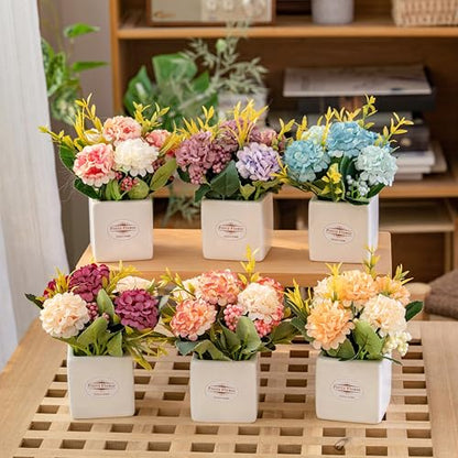 6Pcs Artificial Flowers with Ceramic Pot Small Fake Hydrangea Flowers - color: Multi-color